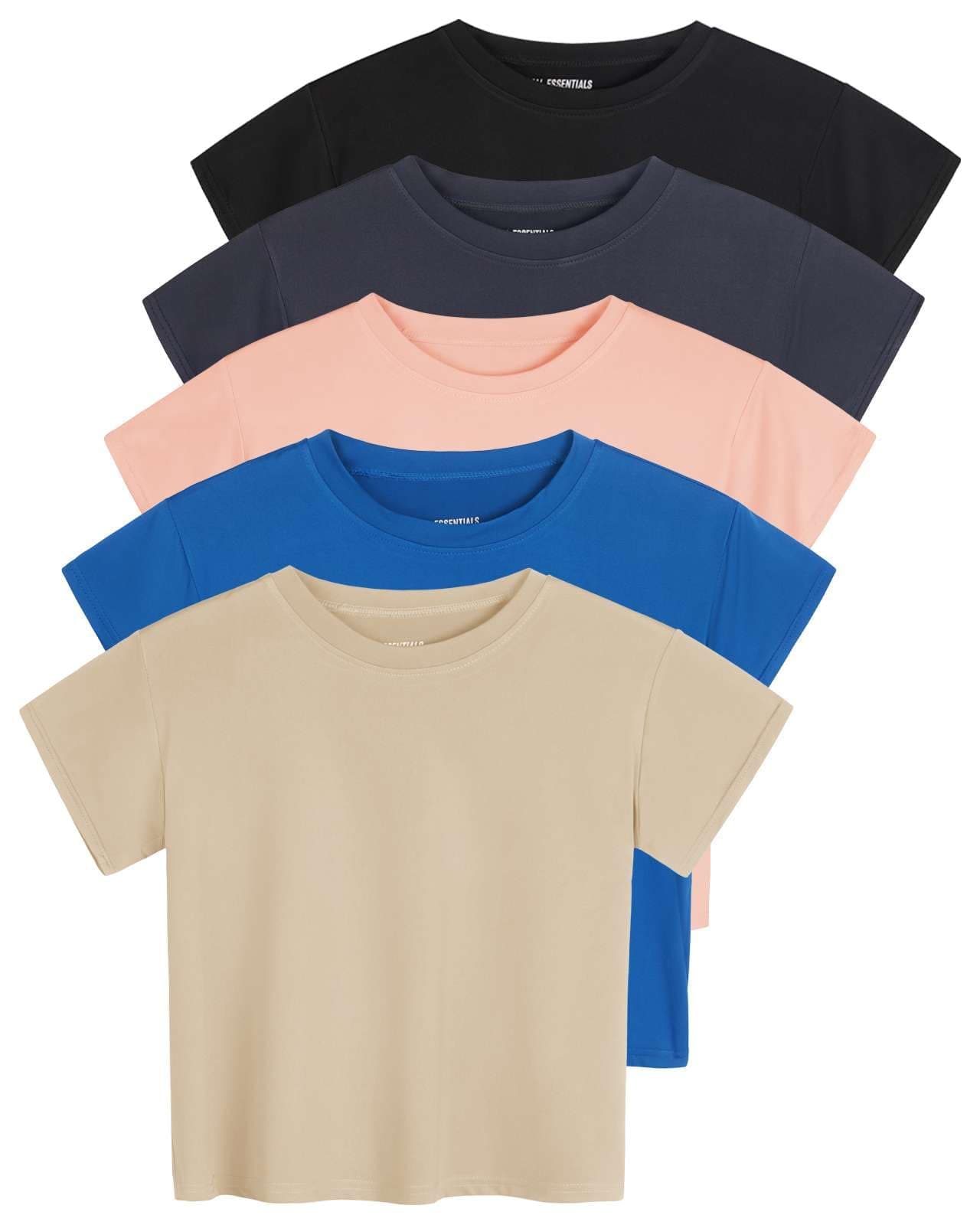 Real Essentials5 Pack: Women's Dry Fit Crop Top - Short Sleeve Crew Neck Stretch Athletic Tee (Available in Plus Size)