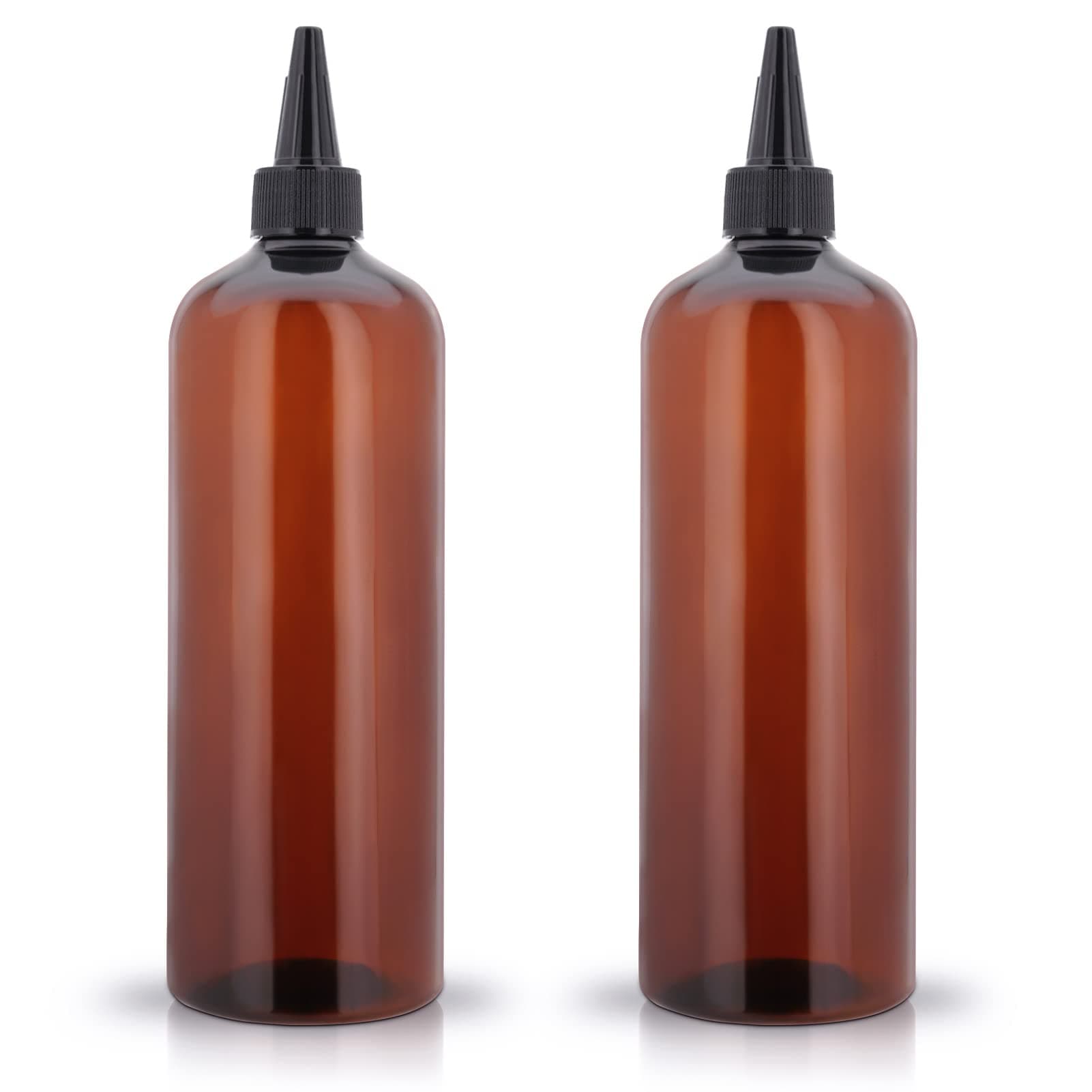 Applicator Bottles for Hair - 2 Pack, 16 Ounce Oil Bottles with Cap, PET Plastic, Refillable, Brown