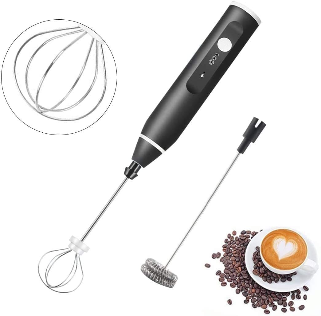 Milk Frother Handheld, Immersion Blender Cordlesss Foam Maker USB Rechargeable Small Mixer with 2 Stainless Whisks,Wisker for Stirring 3-Speed Adjustable Mini Frother for Cappuccino Latte Coffee Egg