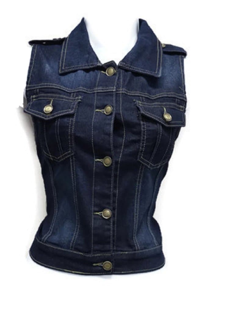 Sleeveless Stretch Denim Cardigan Vest Tops with Epaulet Shoulder Size Large