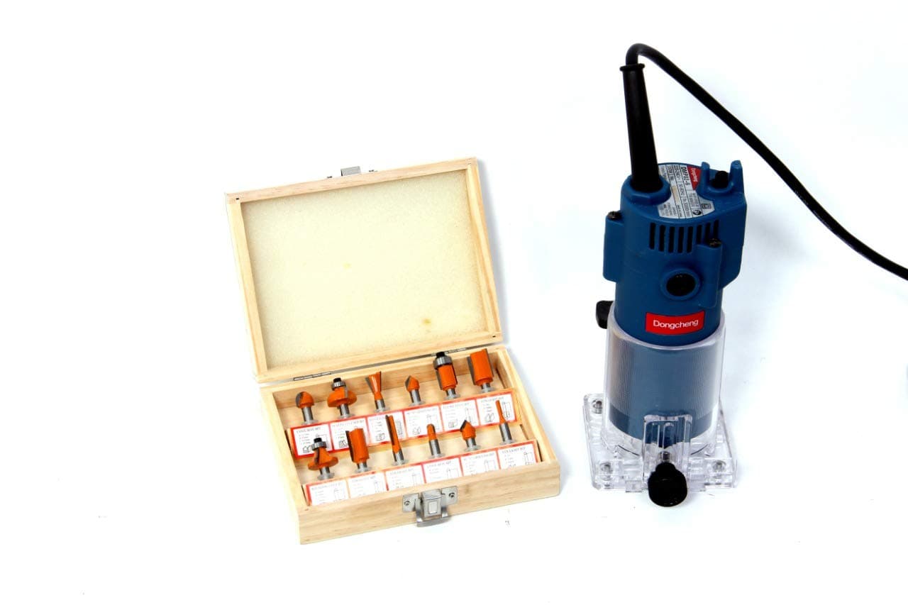Dongcheng Trimmer Machine with 12-Pieces Different Shaped Router/Trimmer Bit Set 1/4-inch (6.35 mm Shank)