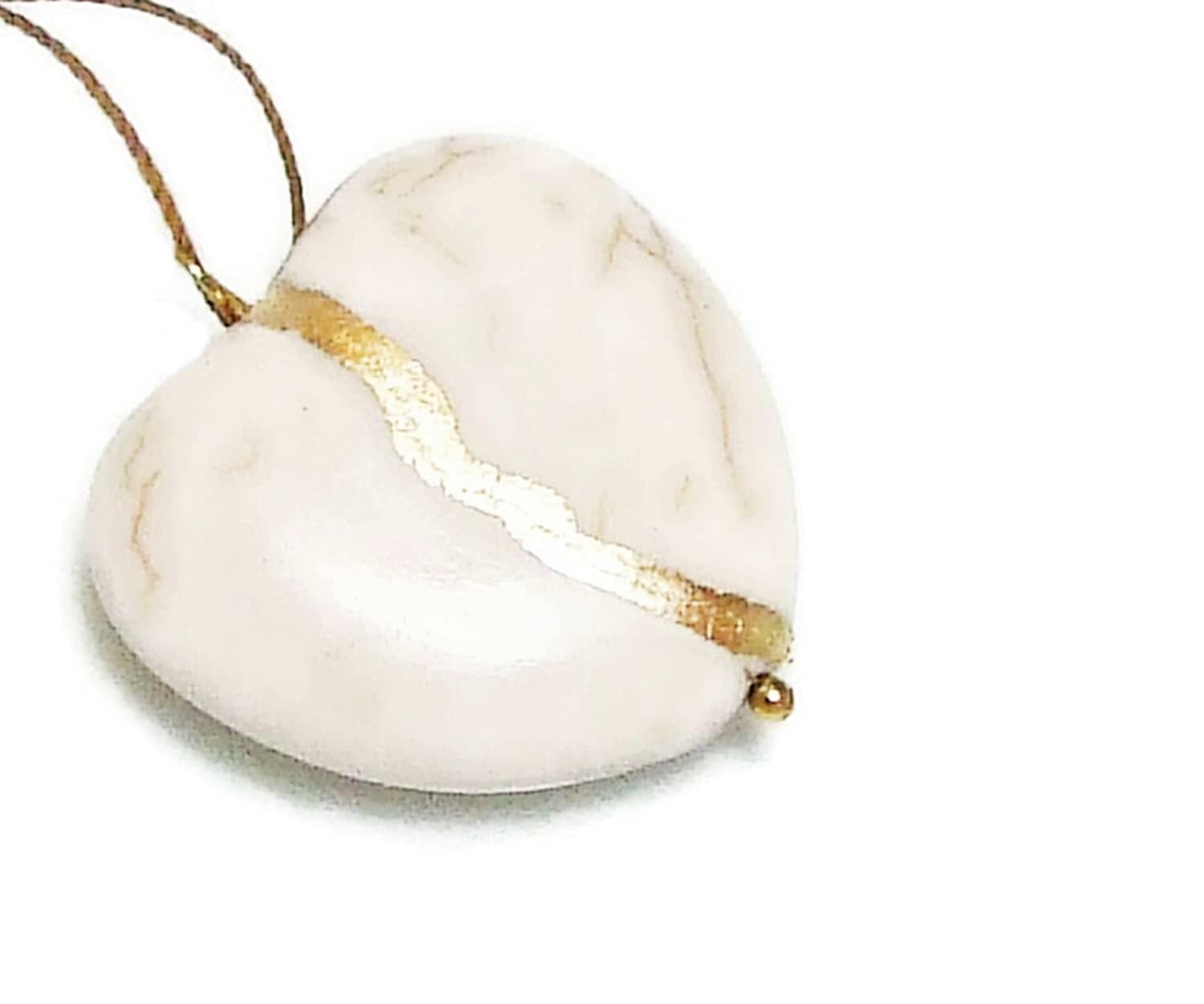 Kintsugi White Howlite Very Large Smooth Heart Mended with 23k Gold, Cord Necklace
