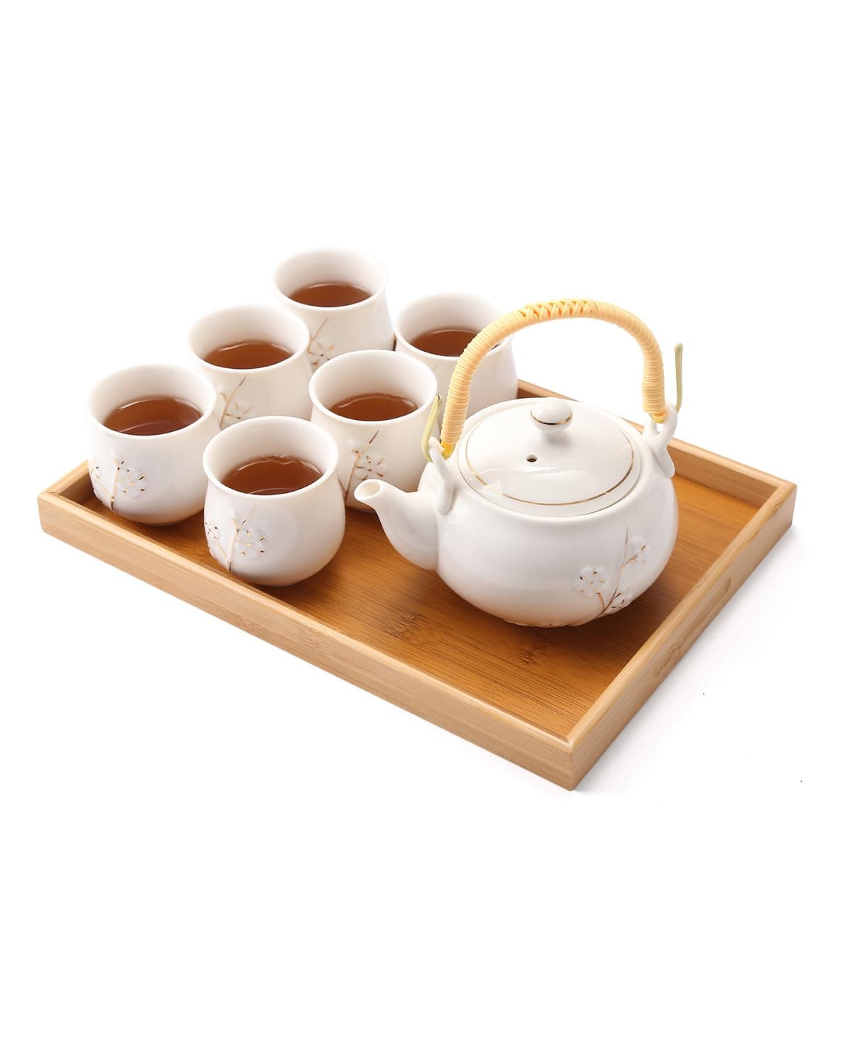 Dujust Japanese White Porcelain Tea Set with 1 Teapot Set, 6 Tea Cups, 1 Tea Tray, 1 Stainless Infuser, Cute Asian Tea Set for Tea Lover/Women/Men (Plum in Golden)