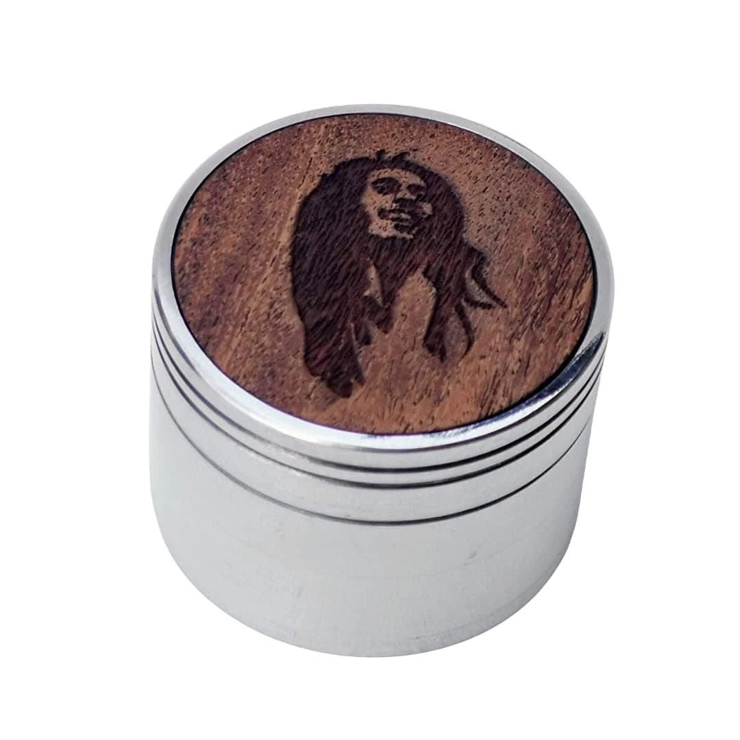 Leafglass 2.25 inch Metal Herb Crusher 4 Piece Spice Herb Grinder with Wood top - Pick Your Design (Bob Marley Art)