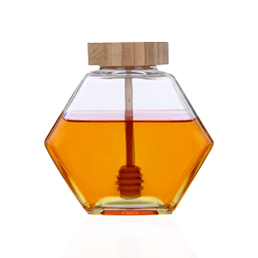 Hexagon Shape Honey Pot Jar with Dipper Heat-Resistant Glass Storage Container for Home Kitchen (L)