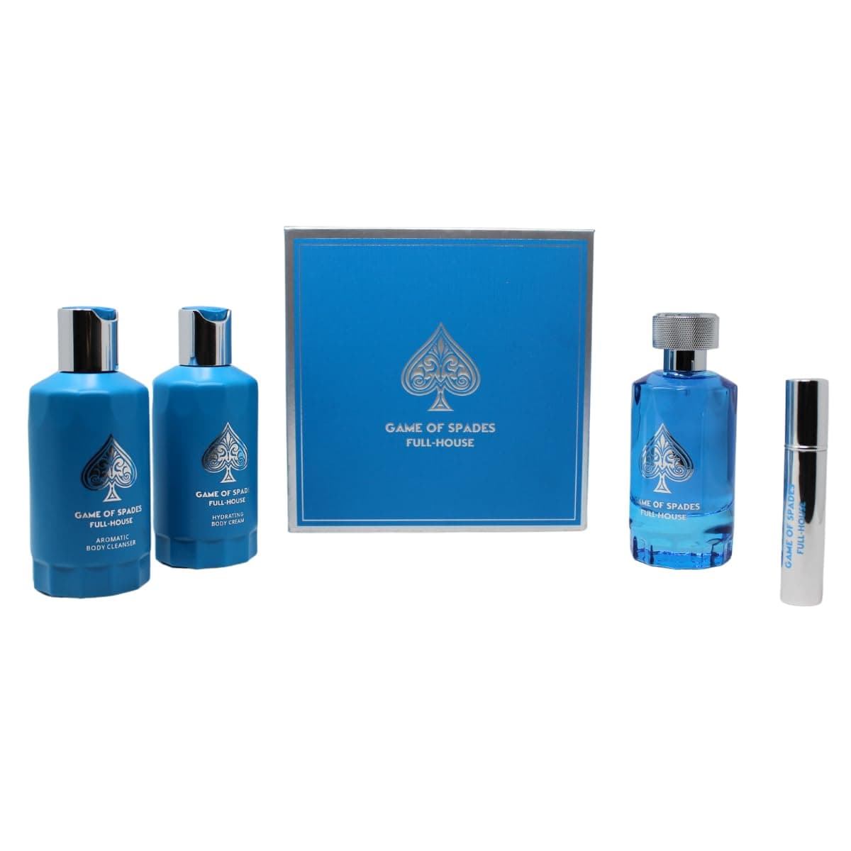 Set Jo Milano Game of Spades Full-House Unisex (4 Pc) 3.4 Oz Parfum / 6.8 Oz Aromatic Body/ 6.8 Oz Body Cream / 0.27 Oz Refillable Atomizer