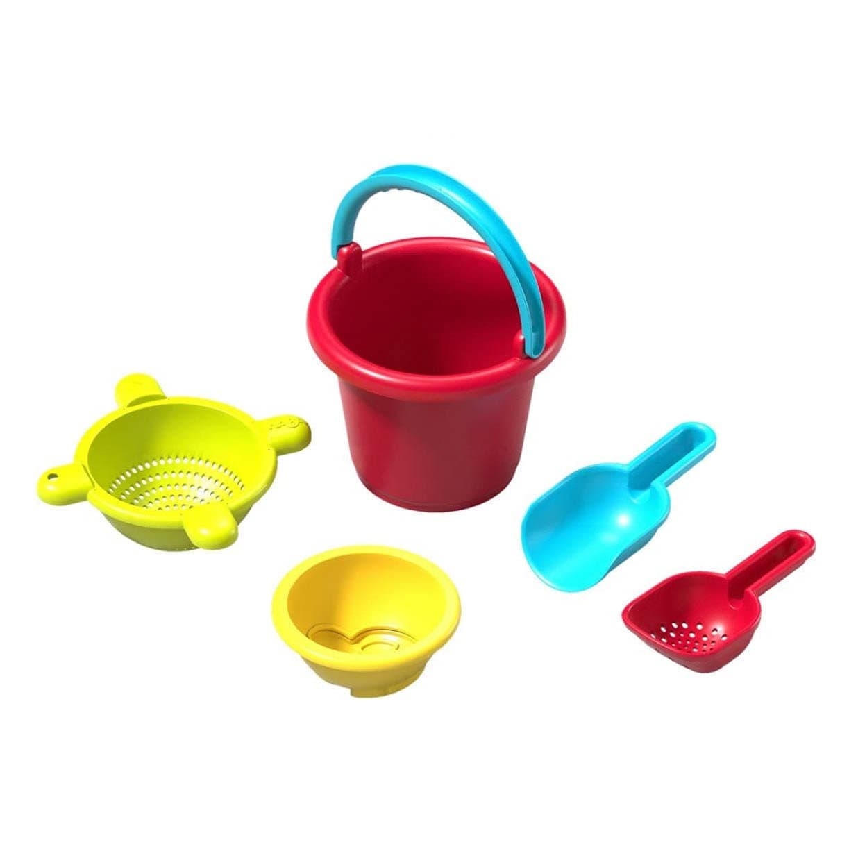 Sand Toys Basic Set - 5 Piece Bundle with Plastic Pail, Sieve, Mold, Scoop and Sifting Shovel Sized just for Toddlers Ages 18 Months +