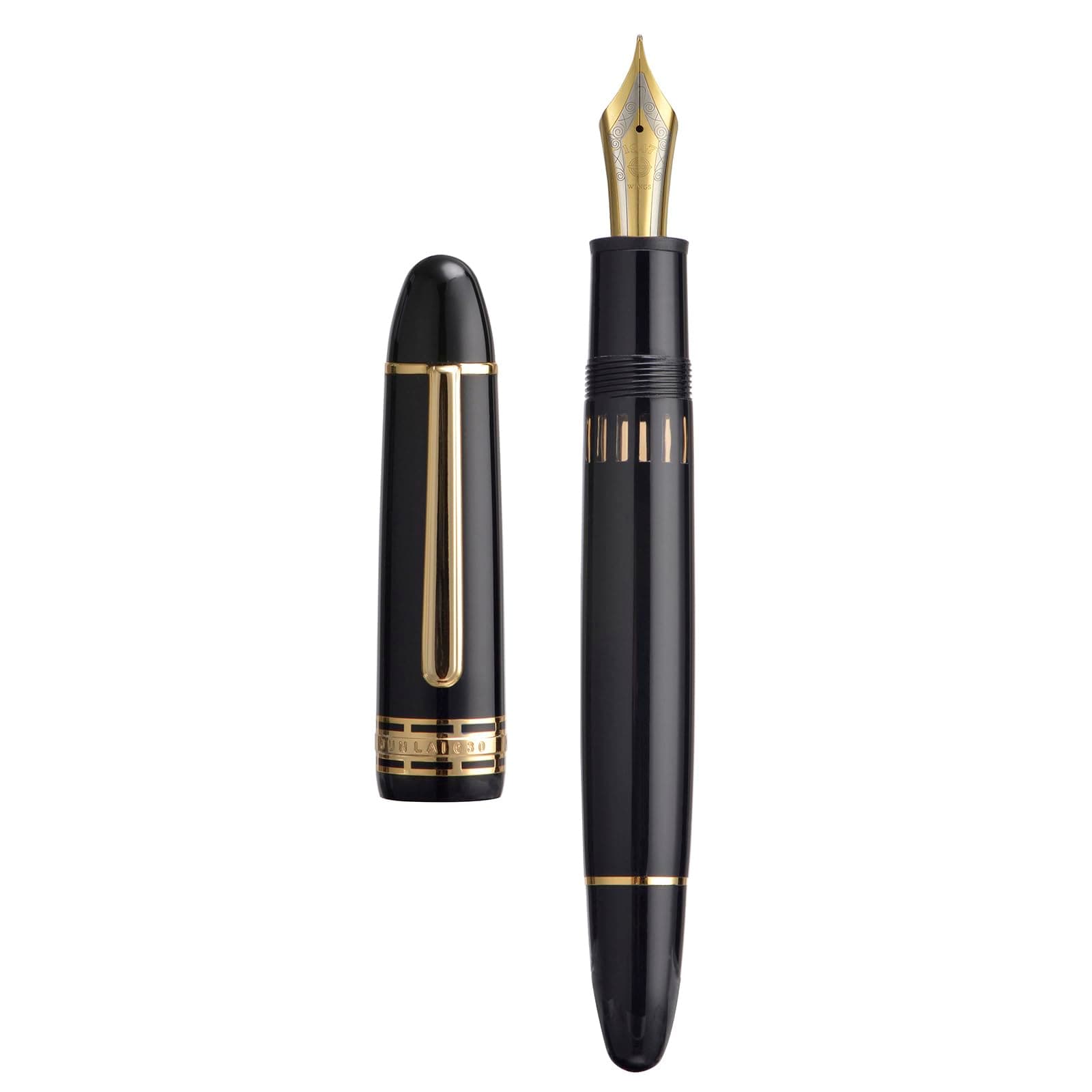 Yongsheng Junlai 630 Acrylic Fountain Pen, Size 8 Medium Nib with Piston Filling System, Piano Black Transparent Fence Ink Tank with Torpedo Shape Design Smooth Writing Pen (Gold Trim)