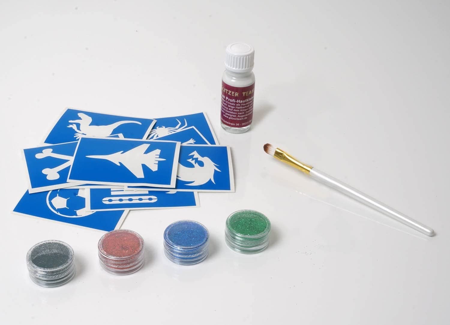 Glitter tattoo set 9x Professional Adhesive, 2 Brushes, 4 Glitter Kid Sticker Stencil
