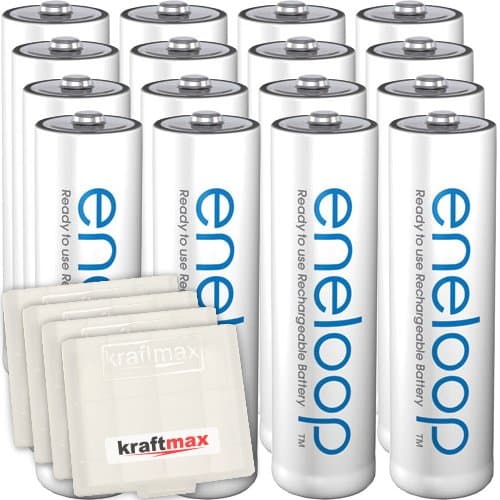 Kraftmax High Performance Battery Panasonic eneloop AA/Mignon Batteries – LATEST GENERATION (Pack of 16 Batteries in Kraftmax Battery Boxes V5, 16 Pack