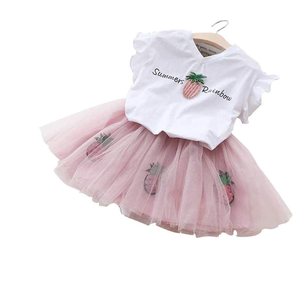 Maelie White Cap Sleeves top and Pink Pineapple Tutu Skirt Set.