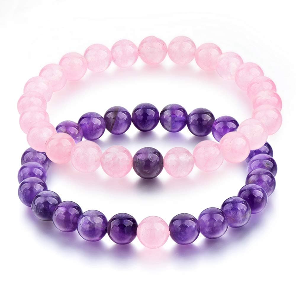 Amethyst & Rose Quartz Bracelet for Men & Women | Natural Crystal Healing Gemstone Attract Positive Energy Spiritual Growth Protection Stone | Size 8mm Pack of 2