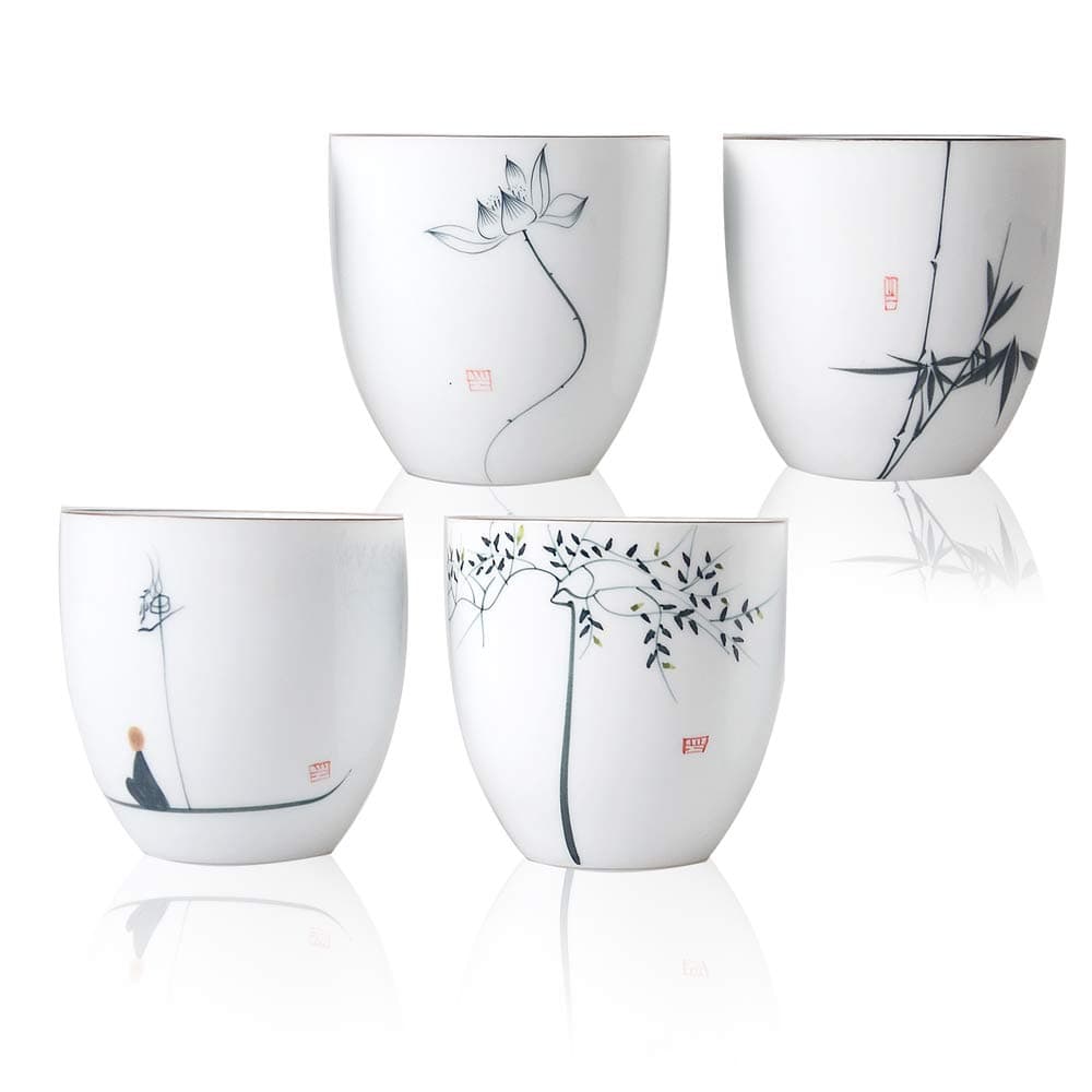 HwaGuiWhite Porcelain Teacups China Mug with Hand Painted Flower, 100ml x 4 Piece