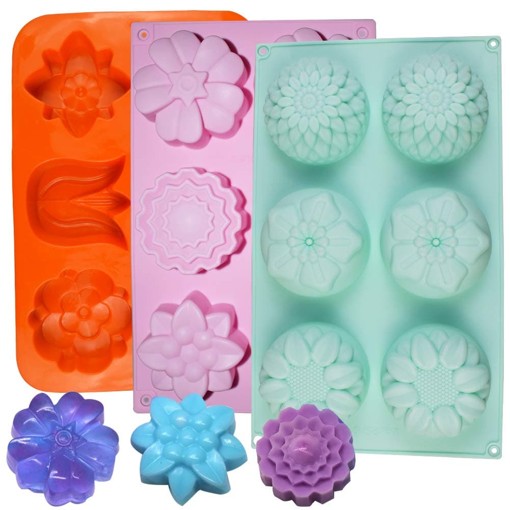 3Pcs Silicone Flower Soap Mold 6 Cavity Cake Muffin Mooncake Mold, Flower Shaped Pans for Making Jelly Pudding Cookies Chocolate, DIY Handmade Soap Trays Orange, Blue, Pink