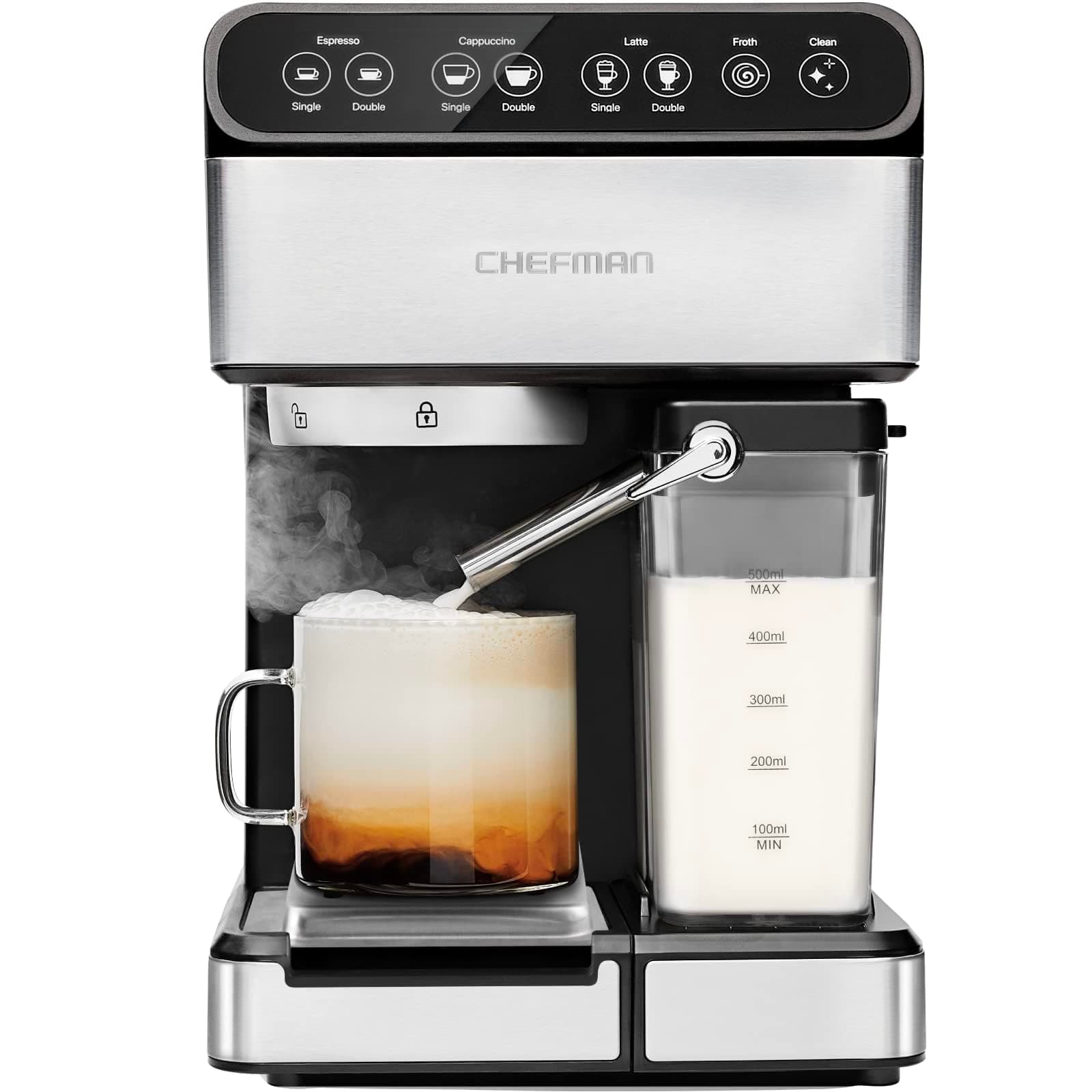 Chefman 6-in-1 Espresso Machine with Built-In Milk Frother, 15-BAR Pump, Digital Display, One-Touch Single or Double Shot for Cappuccinos and Lattes, XL 1.8-L Water Reservoir, Stainless Steel