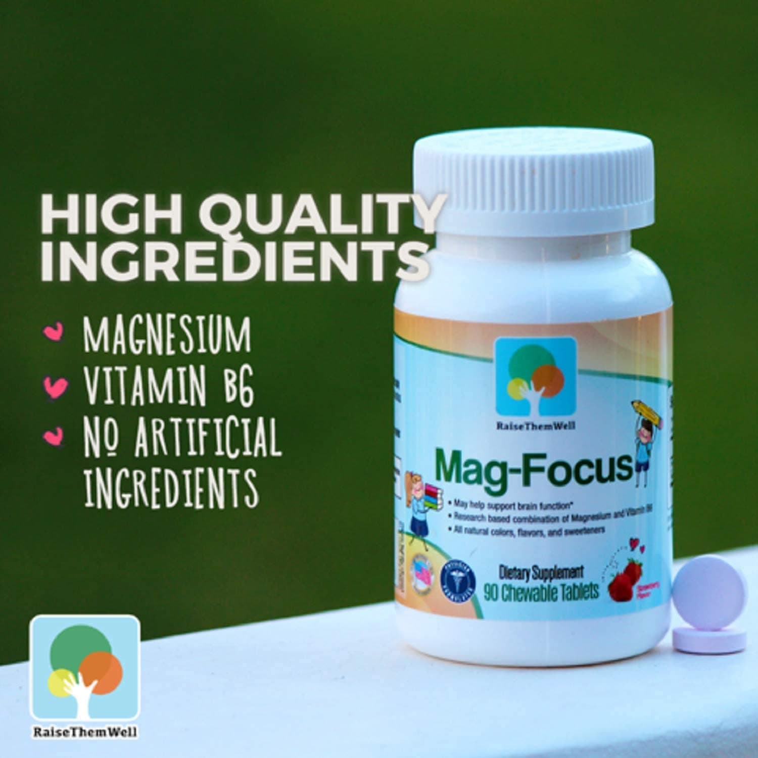 Raise Them Well Magnesium Focus Supplement for Kids | Natural Strawberry Flavored | 90 Chewable Tablets