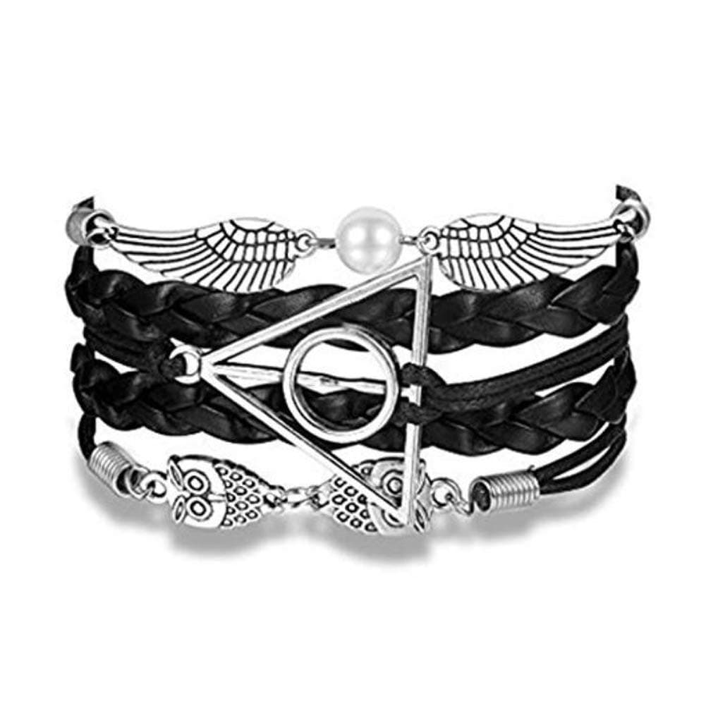 4MEMORYS Vintage Owl Wings Charm Bracelet Handmade Leather Rope Bracelet for Harry Potter Fans