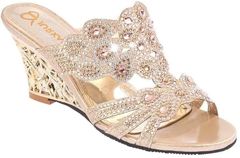 GirllikeWomen's Crystal Rhinestone Peacock Patterned Handmade Sandals Platform Wedge Dress Sandals Slippers
