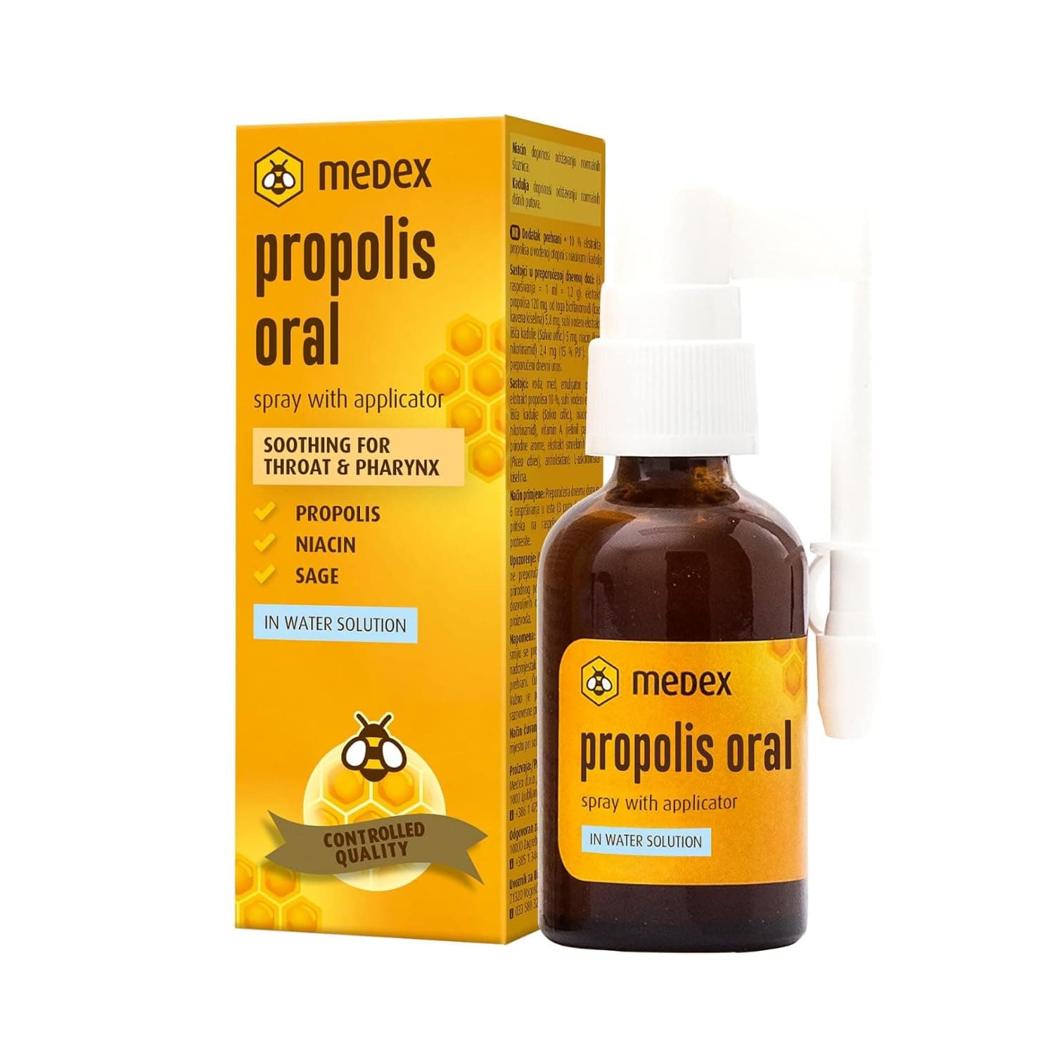 Medex Propolis Oral, Mouth and Throat Spray, Water Based, Alcohol Free; with Honey, Sage, Niacin, Echinacea, with Applicator, 30 ml