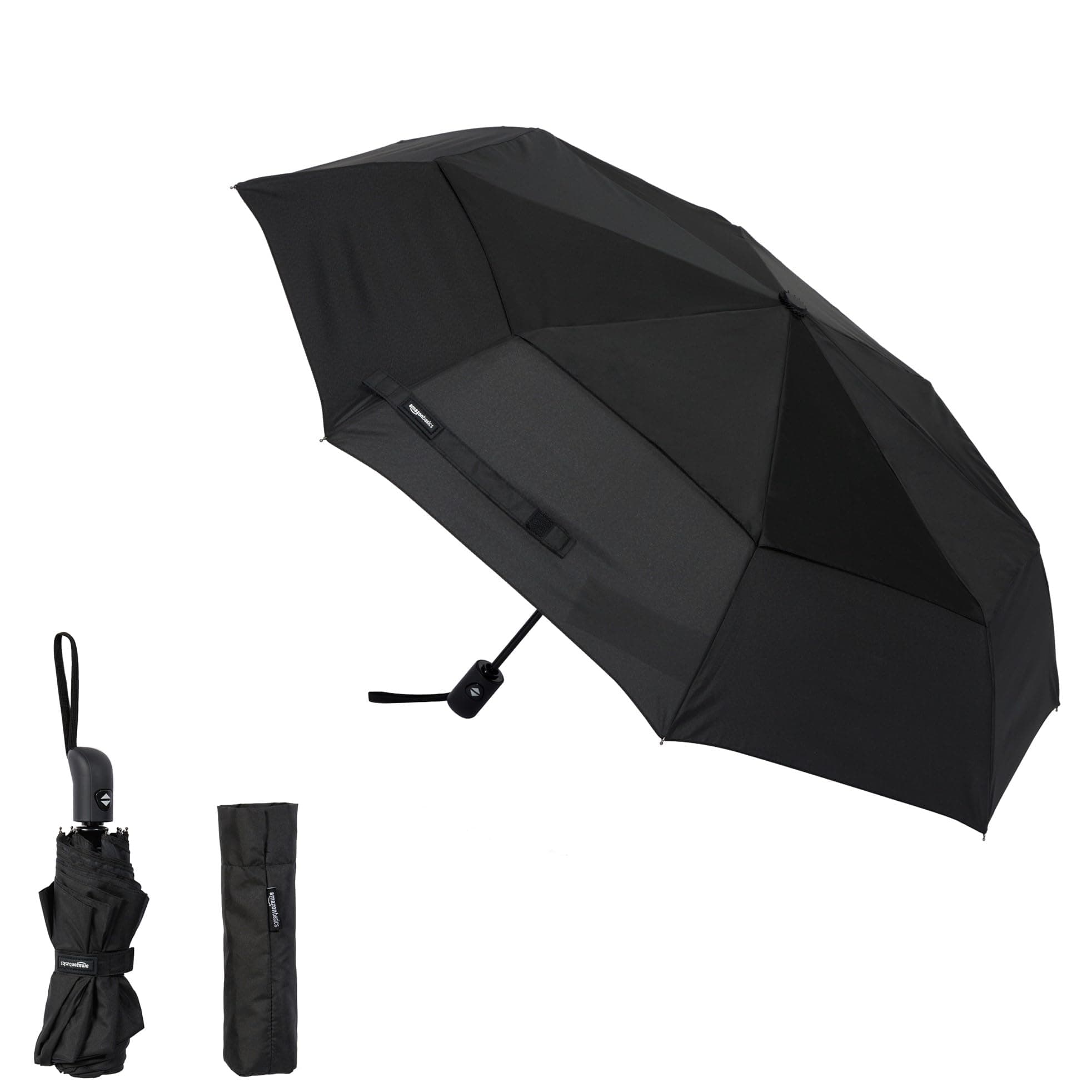 Round Automatic Travel Compact Umbrella Windproof Strong, with Wind Vent, Black, One Size