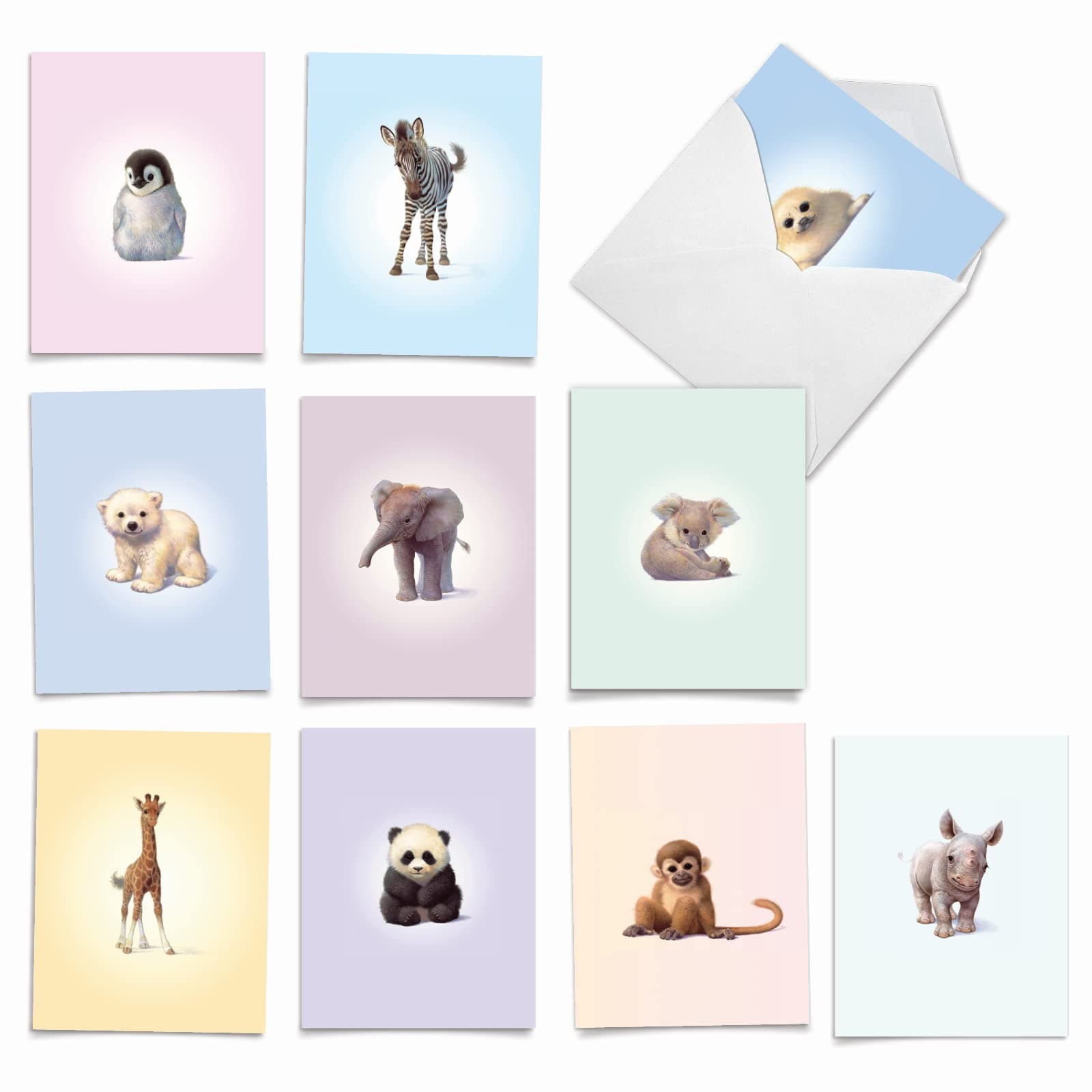 The Best Card Company Assorted Wildlife Watercolor Blank Animal Greeting Card Box Set - 10 Unique Notecards Designs + Envelopes, for Thank You, Invitations, More - Zoo Babies M6726OCB