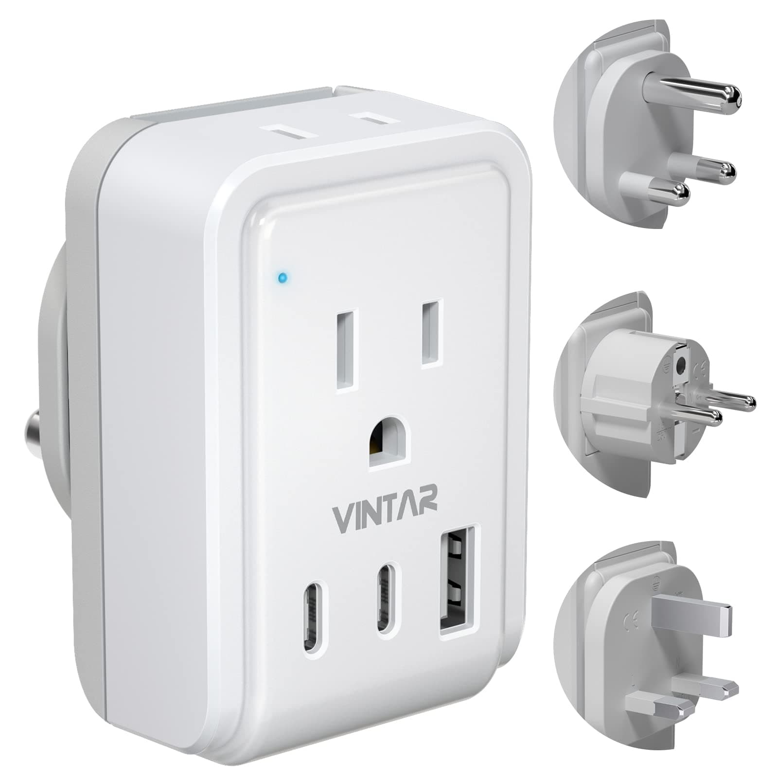 South Africa Power Adapter Kit, VINTAR International Plug Adapter with 3 USB Ports (2 USB C, 3.4A) 2 American Outlets, Type M,G,E/F Detachable Attachments, Adapter for US to Africa Botswana Morocco