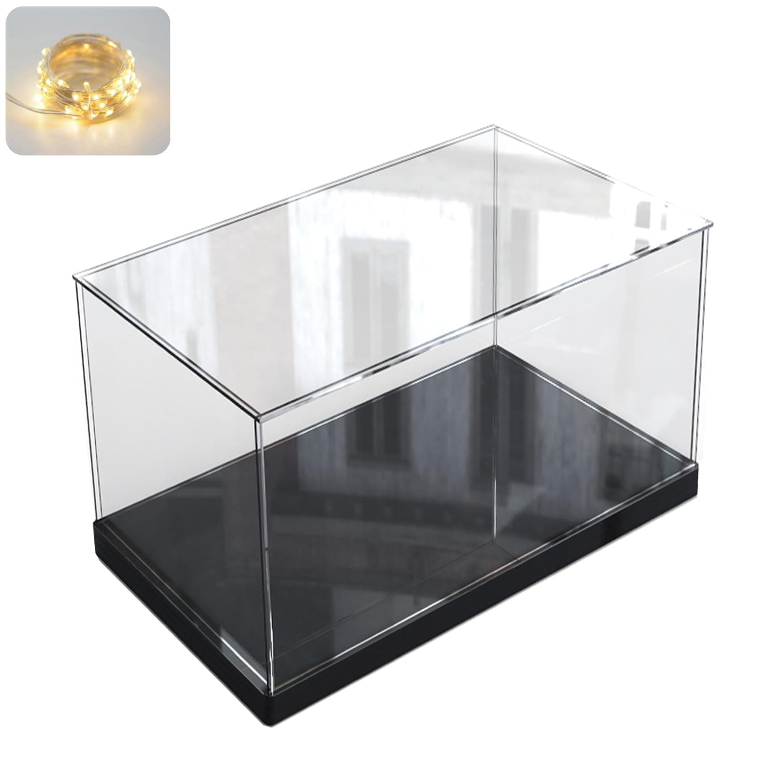 Clear Acrylic Display Case for Collectibles Assemble Transparent Acrylic Box Dustproof Protection Showcase with Black Wood-Plastic Base and Lamp Beads,Inside 7.9x3.9x3.9inch