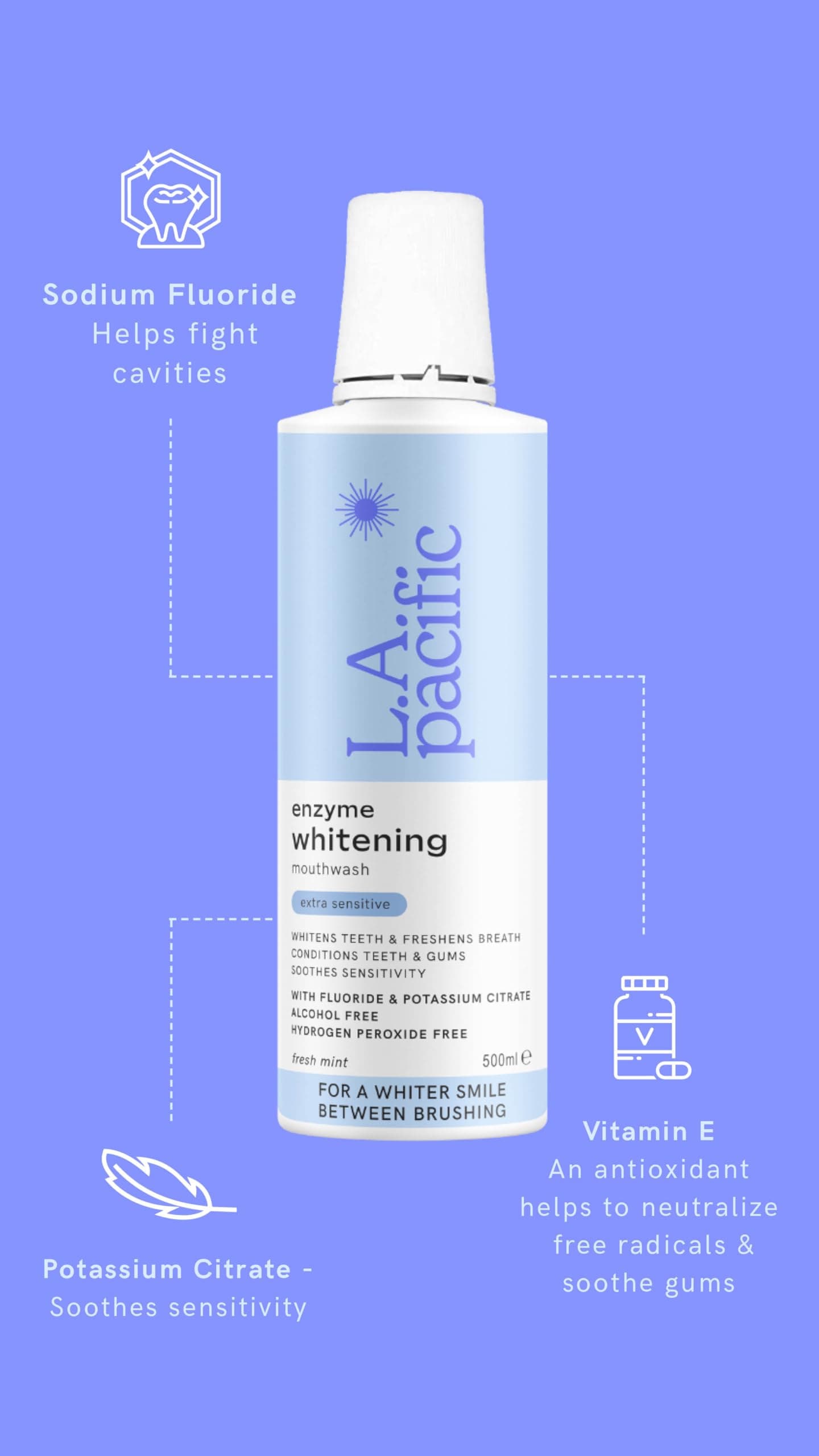 LA Pacific Whitening Extra Sensitive Mouthwash - 500ml, Mint Flavour | Enzyme Whitening Formula Whitens Teeth with No Peroxide & Alcohol Free | Whitening for Cleaning, Fresh Breath & Healthy Gums