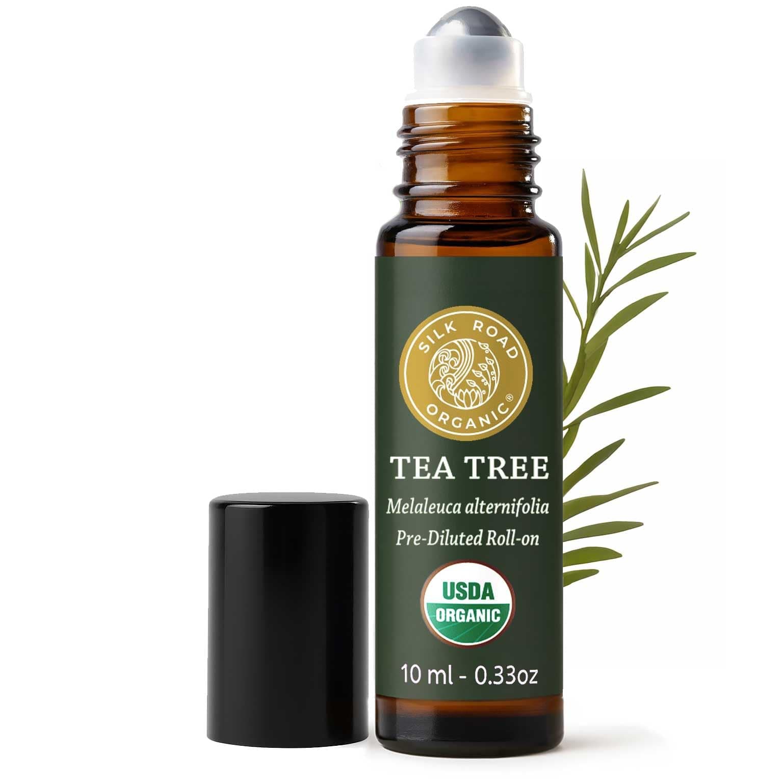 Silk Road Organic Tea Tree Essential Oil Roll On for Healthy Clear Skin, Nail Care & Foot Care - 100% Pure USDA Certified 10 ml Roller