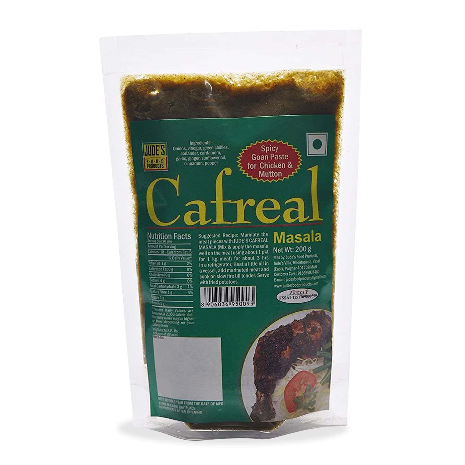 Jude's Food Products Cafreal | Authentic, traditional Goan recipe | Goan Speciality | Ready to Use | Perfect for Cooking | No Added Colour, Flavours | For Chicken, Meat, Vegetables | Masala Paste | 200 gms (Pack of 1)
