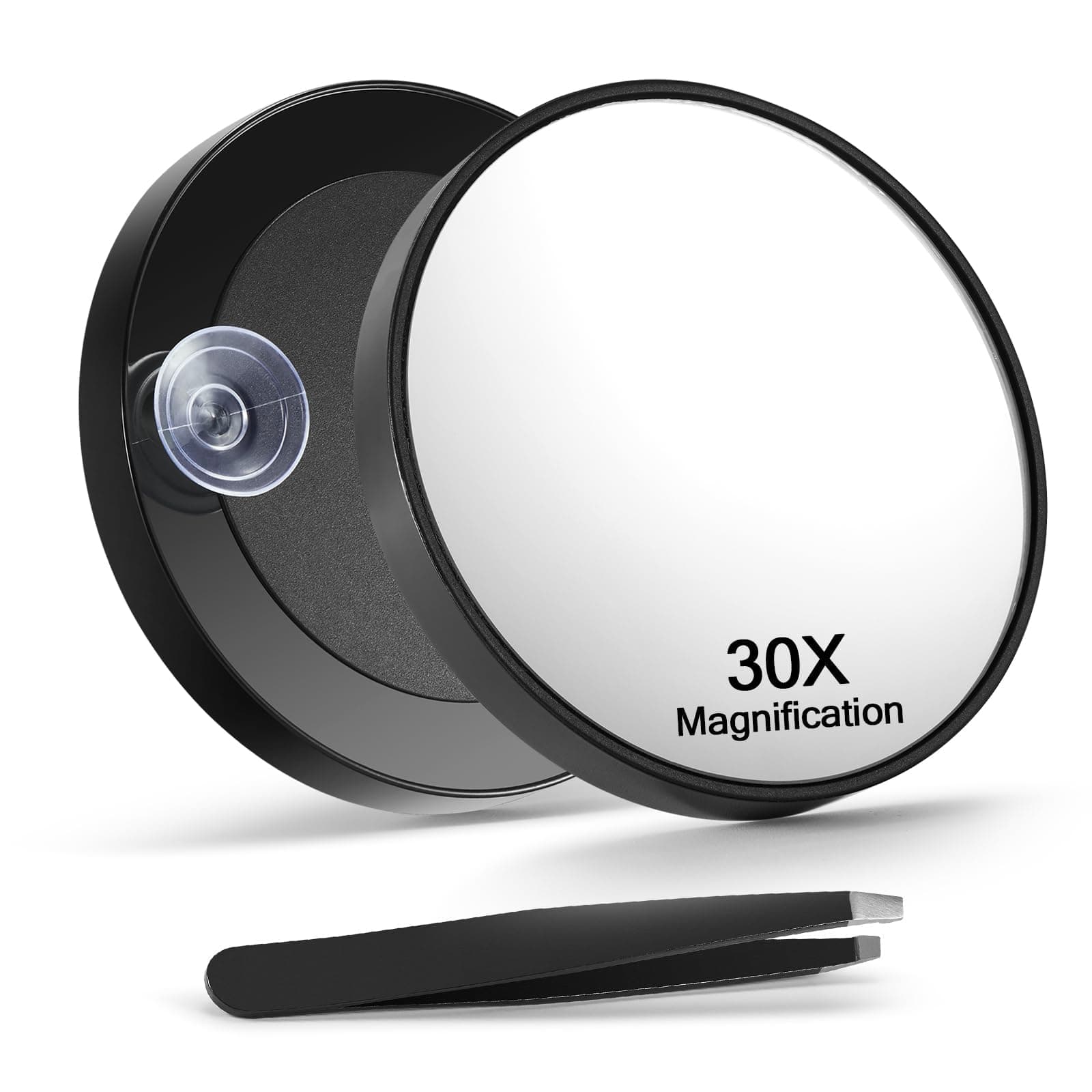 Macaki 30X Magnifying Mirror with 2 Suction Cups, 3.5 inches Magnified Makeup Mirror and Slant Tweezers,Black,1PC