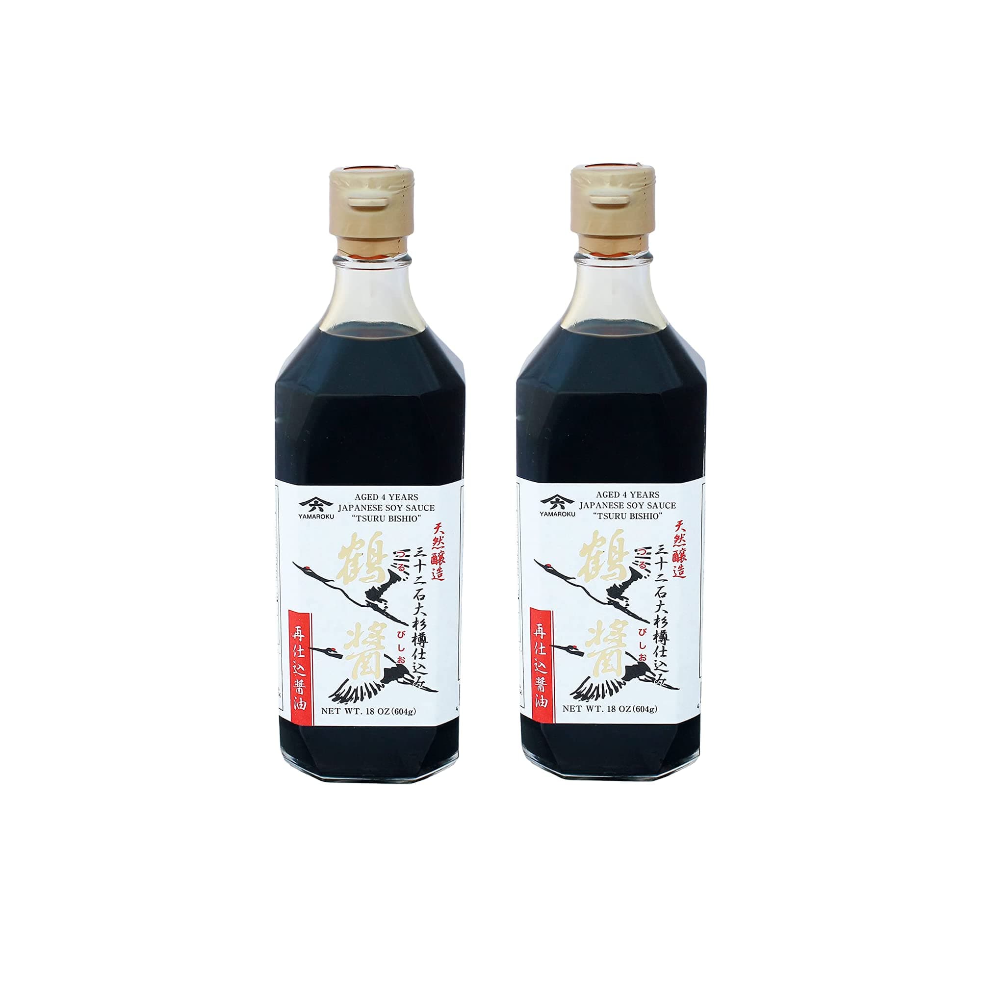 Yamaroku Premium Soy Sauce Japanese Made, Traditional Fermented Soy Sauce, 4 Year Barrel Aged Shoyu, Tsuru Bishio, Glass Bottle, 18 oz, 2 Pack.