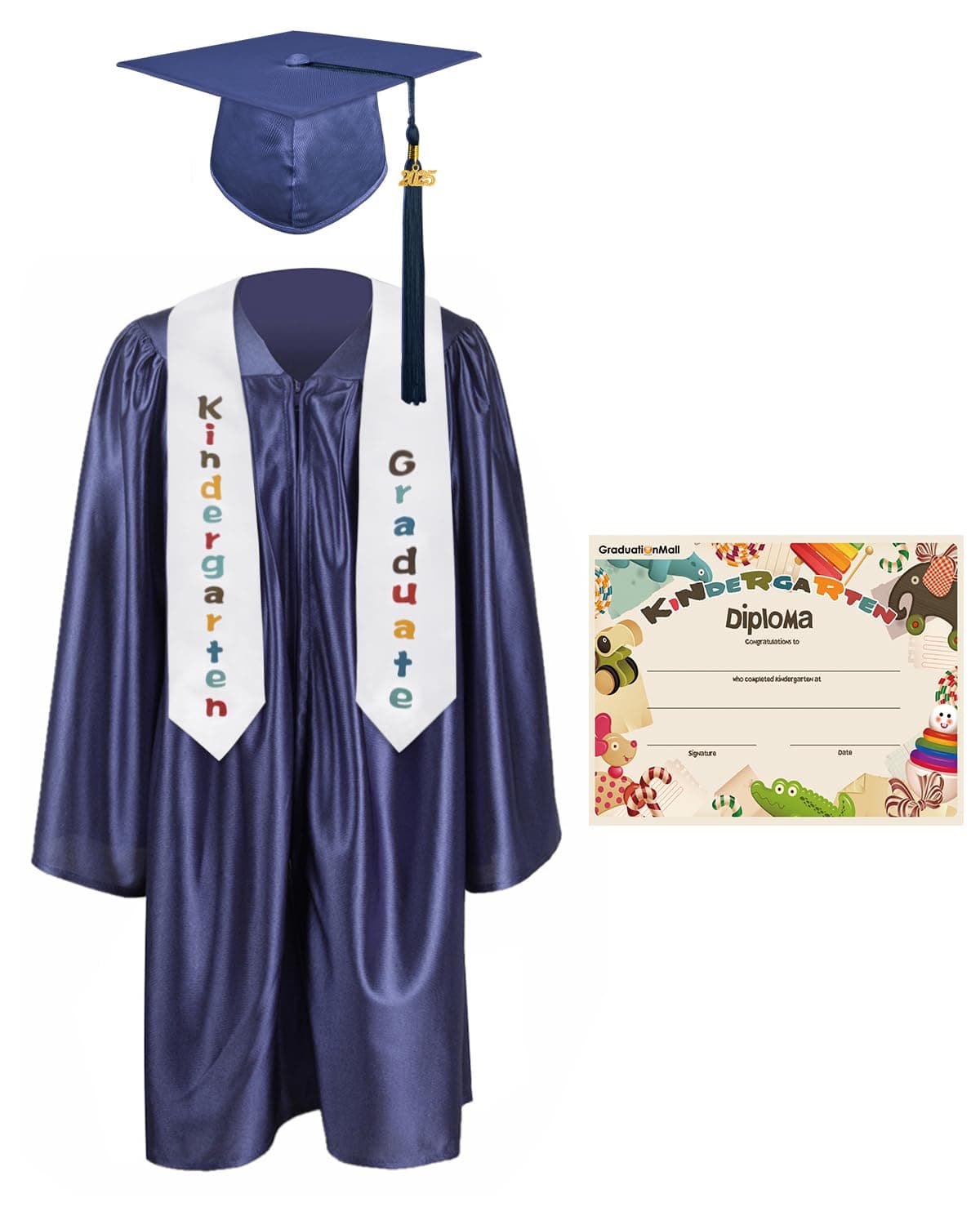 GraduationMall Kindergarten Graduation Cap Gown Stole Package with 2025 Tassel, Certificate