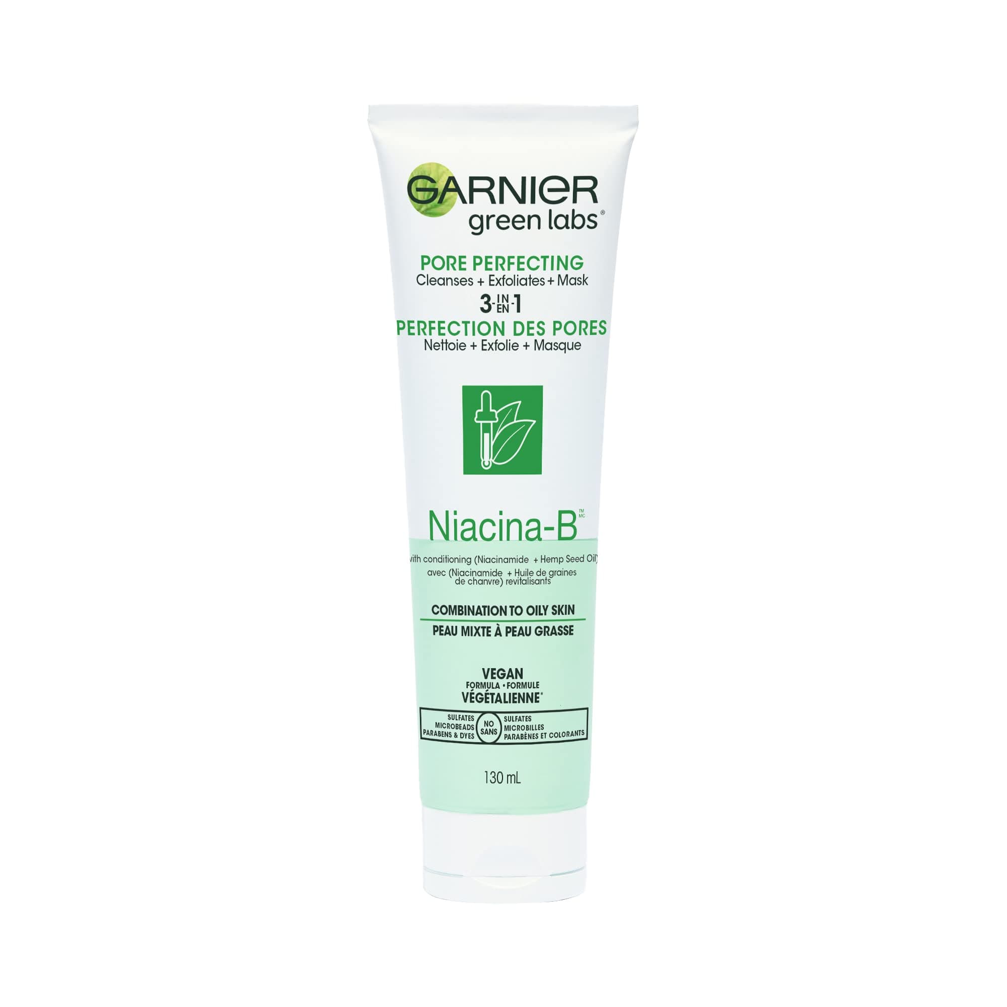 Garnier SkinActive Green Labs Canna-B Pore Perfecting 3-in-1 Face Wash Exfoliator Mask with Niacinamide Vitamin B3 Cannabis Sativa Seed Oil for Combination to Oily Skin 4.4 Fl Oz (Packaging May Vary),