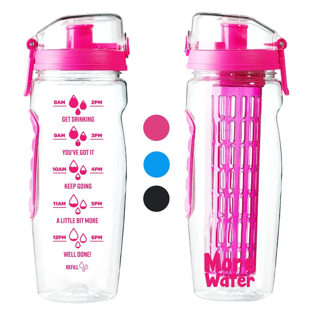 Water Bottle With Fruit Infuser + Time Markings - Motivational Diffuser Litre Drinking Bottles - Times To Drink