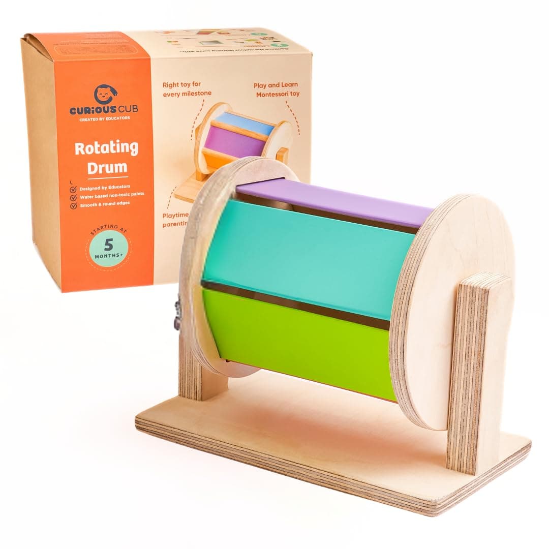 Curious Cub Montessori Spinning Drum for Babies 3 Months-18 Months | Spinning Rainbow Wheel Baby | Tummy Time Toy | Develops Fine Motor Skills | Educational Toy for Early Development