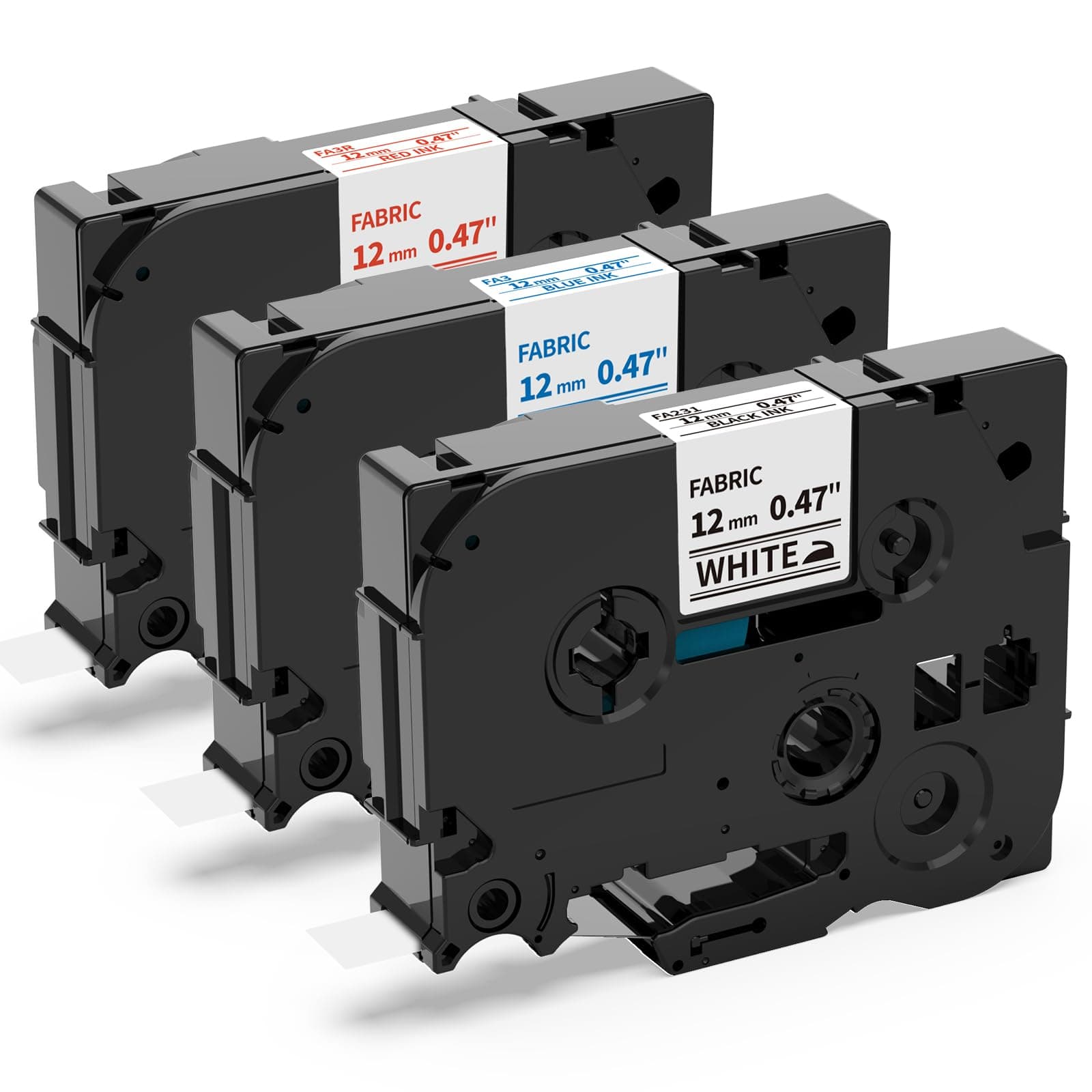 Freshworld Replace for Brother Fabric Iron-On Cloth Label Tapes 12mm 0.47"x 3m TZ Fabric Tape Colored TZe-FA231 TZe-FA3 TZe-FA3R Black/Blue/Red on White Compatible with Brother Ptouch D210 400AD H100