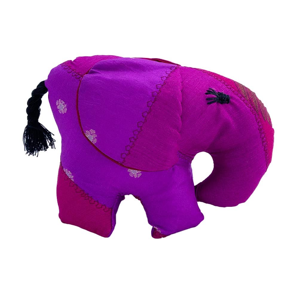 Silk Sari Stuffed Elephant - 5 inches x 6 inches Large Size - Stuffed Animal Toy - Made from Recycled Indian Silk Sari Fabric (Purple)