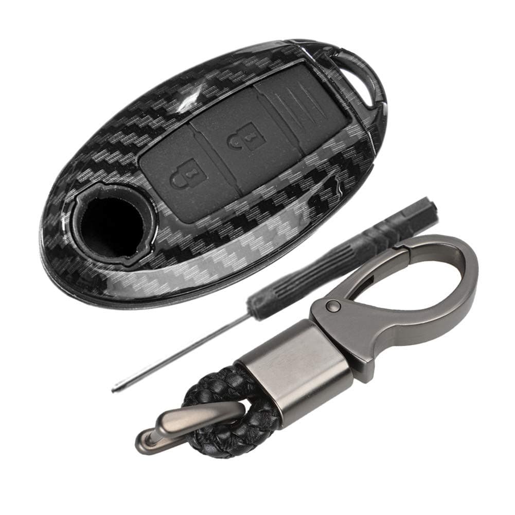 ABS Carbon Fiber Shell+Silicone Car Key Cover Case Keychain for Nissan 350Z Qashqai J10 J11 X-Trail t31 t32 Kicks Tiida Pathfinder Murano Note Juke 3 Buttons (Black)