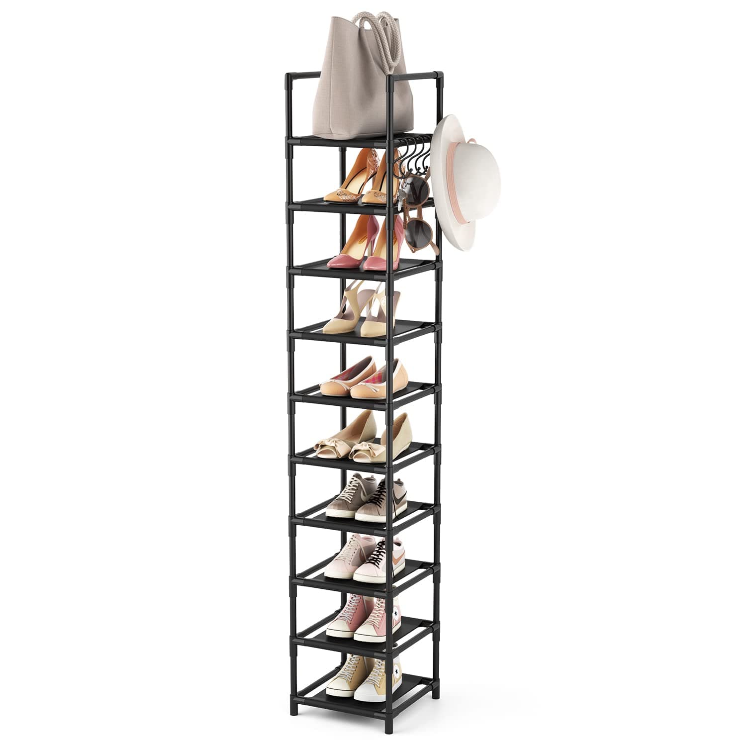 Tall Shoe Rack for Entryway, 10-Tier Sturdy Metal Shoe Shelf to Store 10-15 Pairs of Shoes and Boots, Space Saving Narrow Shoe Storage Organizer for Closet,Doorway,Garage,Bedroom,Living Room