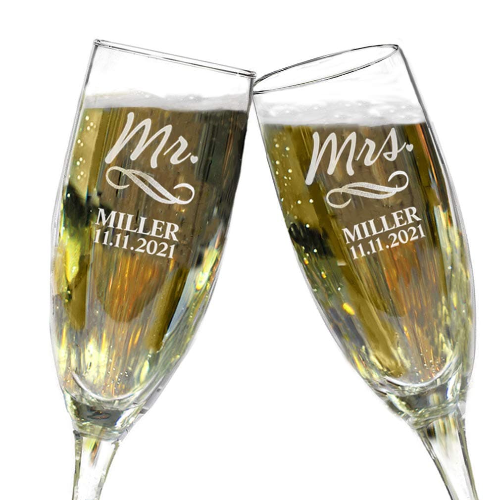 Personalized Engraved Wedding Champagne Flutes, BIG 9.5 inch 8 oz Bride and Groom Toasting Glasses, Authentic Size, Reception or Engagement, Set of 2