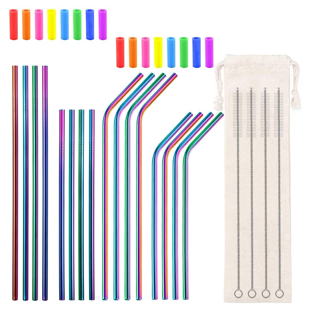 Lazycorner 16 Pcs Metal Straw Reusable 8.5" 10.5" 6mm Stainless Steel Straws for Tumblers 20oz-32oz, Rainbow Drinking Straws with Silicone Tips, 4 Straw Cleaner Brush, 1 Travel Case