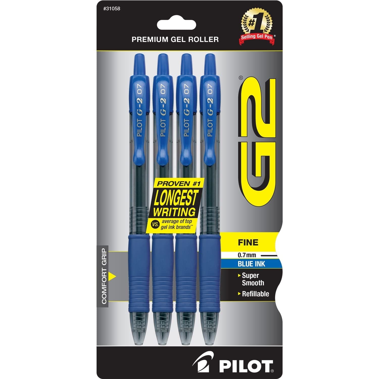 Pilot G2 Premium Gel Roller Pens, Fine Point 0.7 mm, Blue Ink Pens Fine Point, Pack of 4 - Ideal for School, Journaling, and Office Writing