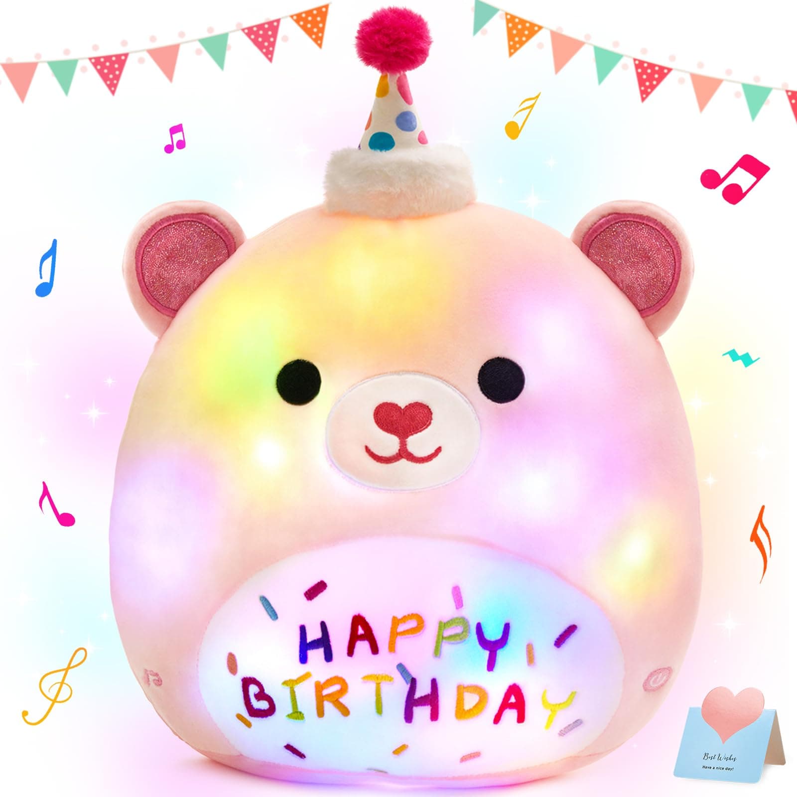 BSTAOFY Light up Music Happy Birthday Teddy Bear Soft Plush Pillow Birthday Stuffed Animal Bear Birthday Gift for Toddler Kids Girls, 14''