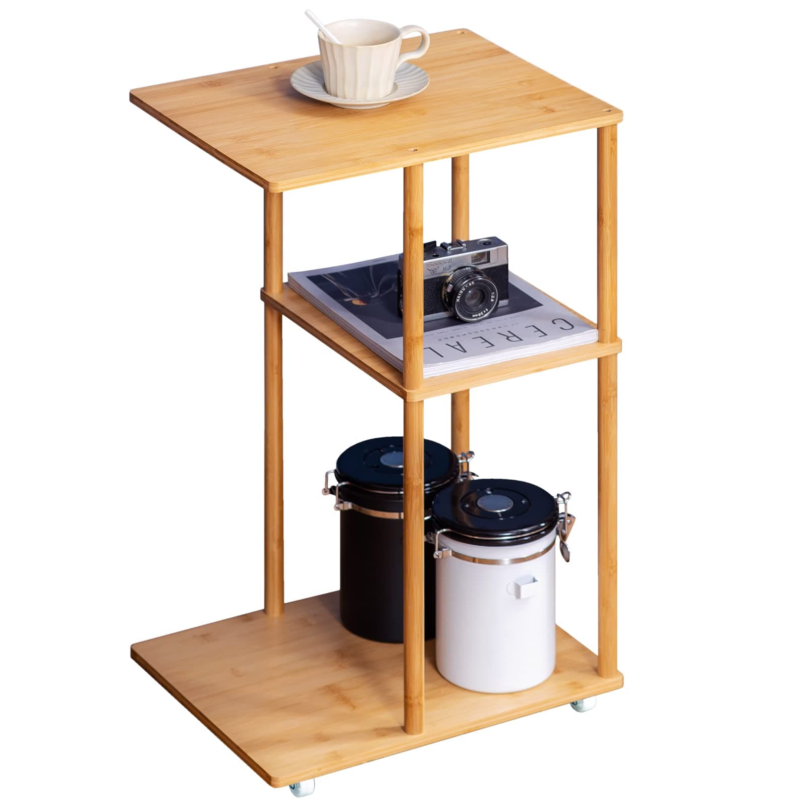 Bamboo Rolling C-Shaped Nightstand End Table - 3-Tier Side Table with Modern Design for Home, Bedroom, Office, and Dorm - Versatile Bedside Furniture and Accent End Table Chest