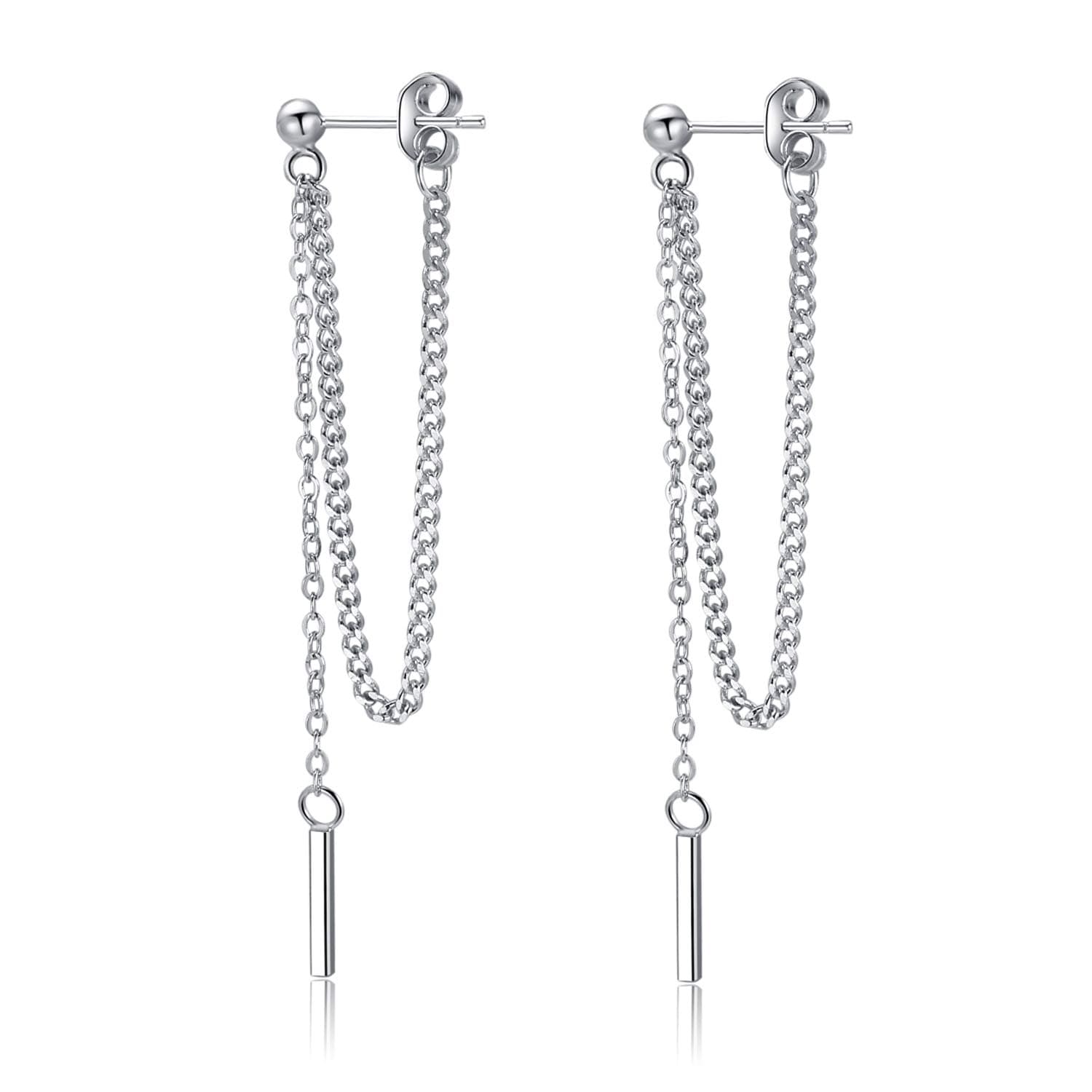 Solid 925 Sterling Silver Bar Dangle Earrings for Women Minimalist Dangle Earrings Threader Chain