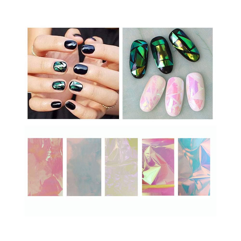 New 5 colors Holographic Shiny Laser Nail Art Foils Paper Candy Colors Glitter Glass Nail Sticker Decorations Mixed Color Reflective Mirror Design Glass Piece Broken Nail Sheet