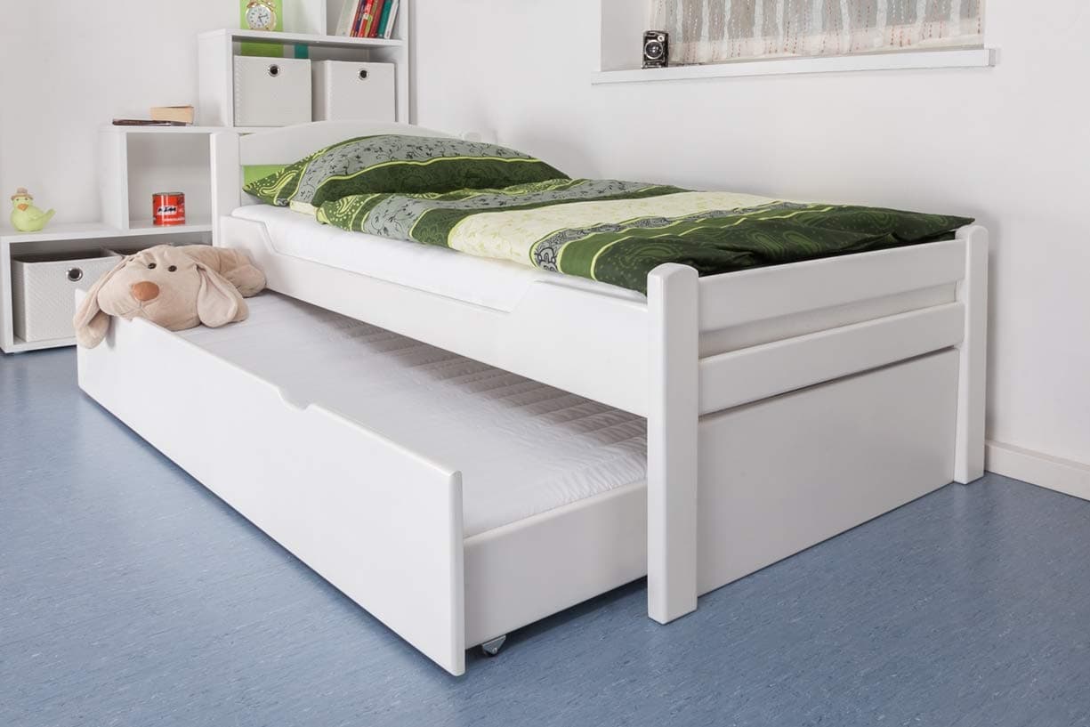 Single Bed "Easy Furniture" K1/2h incl. Trundle Bed Frame and Cover Plates, Solid Beech Wood, White - 90 x 200 cm