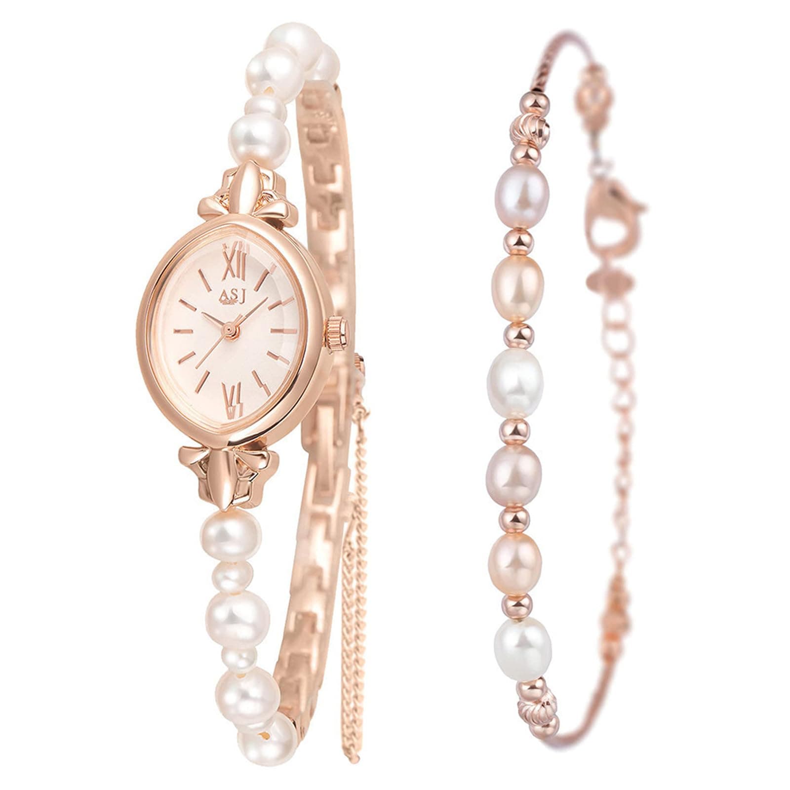 Petite Pearl Watch and Bracelet Set for Women Dainty Analog Quartz Watch for Women