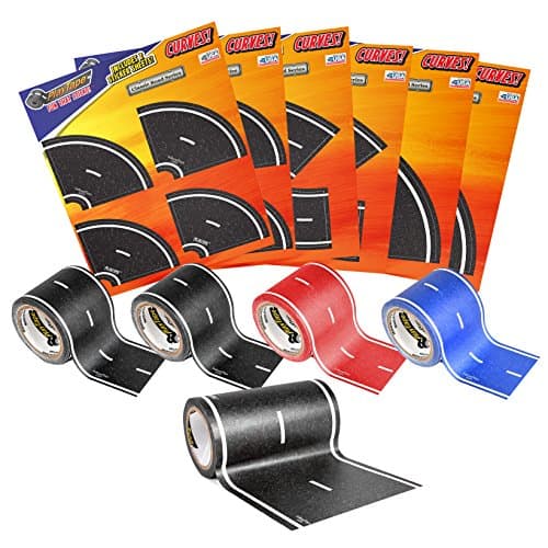 PlayTape Road Rally Road and Curve Assortment for 5-7 Kids - Road Car Tape Great for Kids, Sticker Roll for Cars and Train Sets, Stick to Floors and Walls, Quick Cleanup, Children Toys Birthday Gift